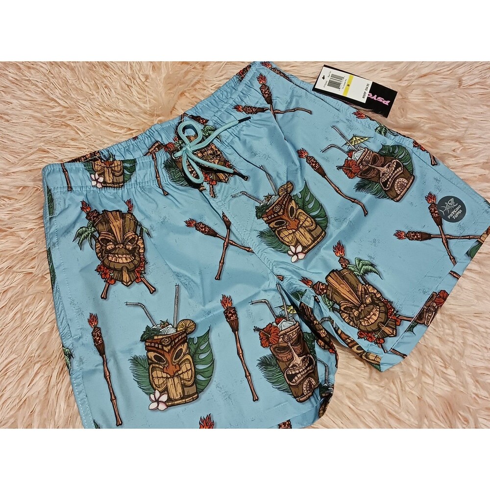 Psycho Tuna Men's Medium Blue Tiki Cocktail Print Swim Trunks Board Shorts NWT